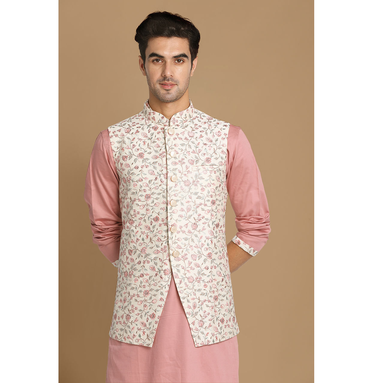 alt message - Manyavar Men Cream And Pink Kurta Jacket Set image number 0